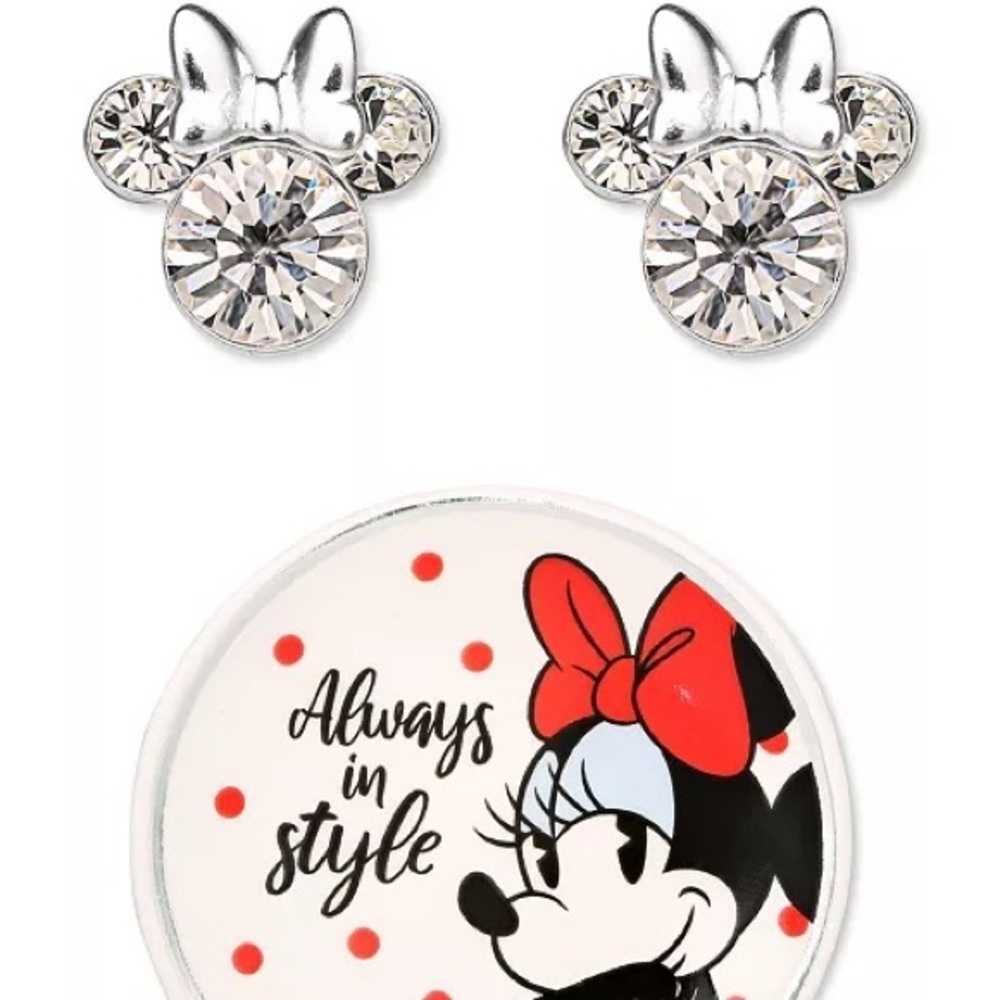 Minnie Mouse Clear Crystal Stud Earrings in Sterling Silver with Trinket Dish